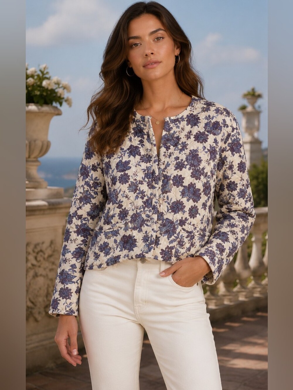 Rebecca Minkoff White and Blue Quilted Floral Jacket Sz XL Silk/ Cotton